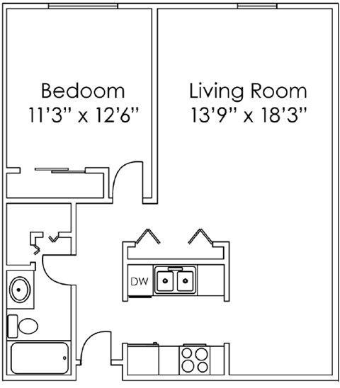 Floor plan for 1 bed, 1 bath, 741 sqft